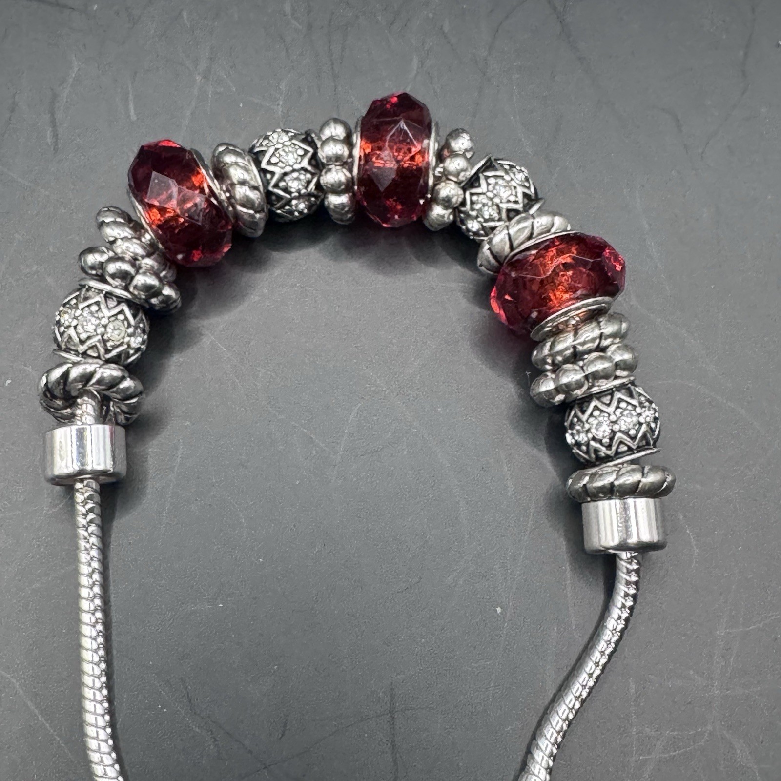 Vintage beaded bracelet red/orange and silver beads, lobster cla - photo 4