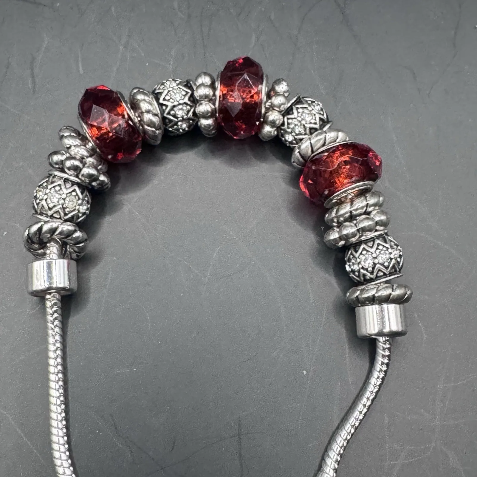 Vintage beaded bracelet red/orange and silver beads, lobster cla - photo 4
