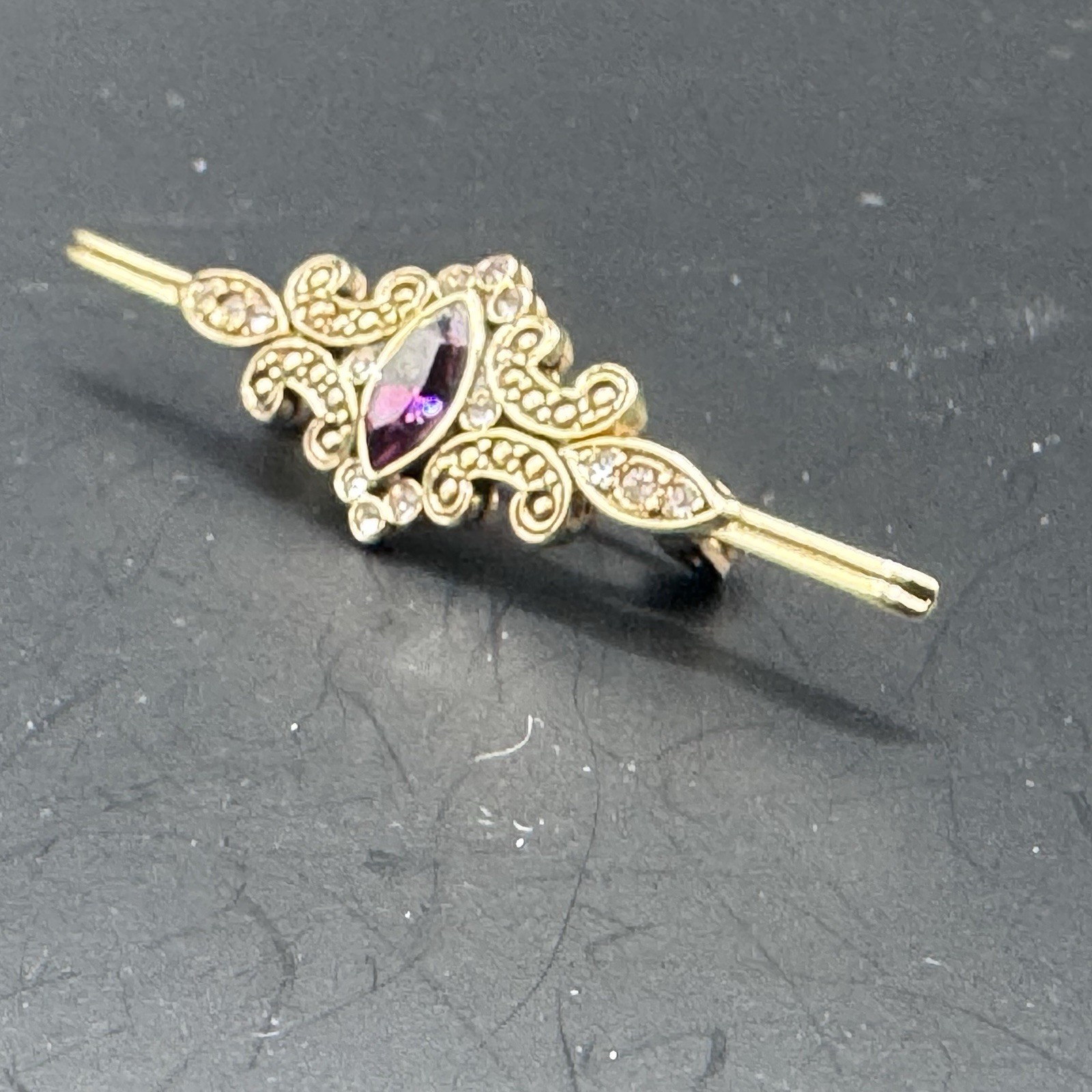 Victorian/Edwardian Reproduction Gold Tone Bar Pin w/ Amethyst C - photo 4
