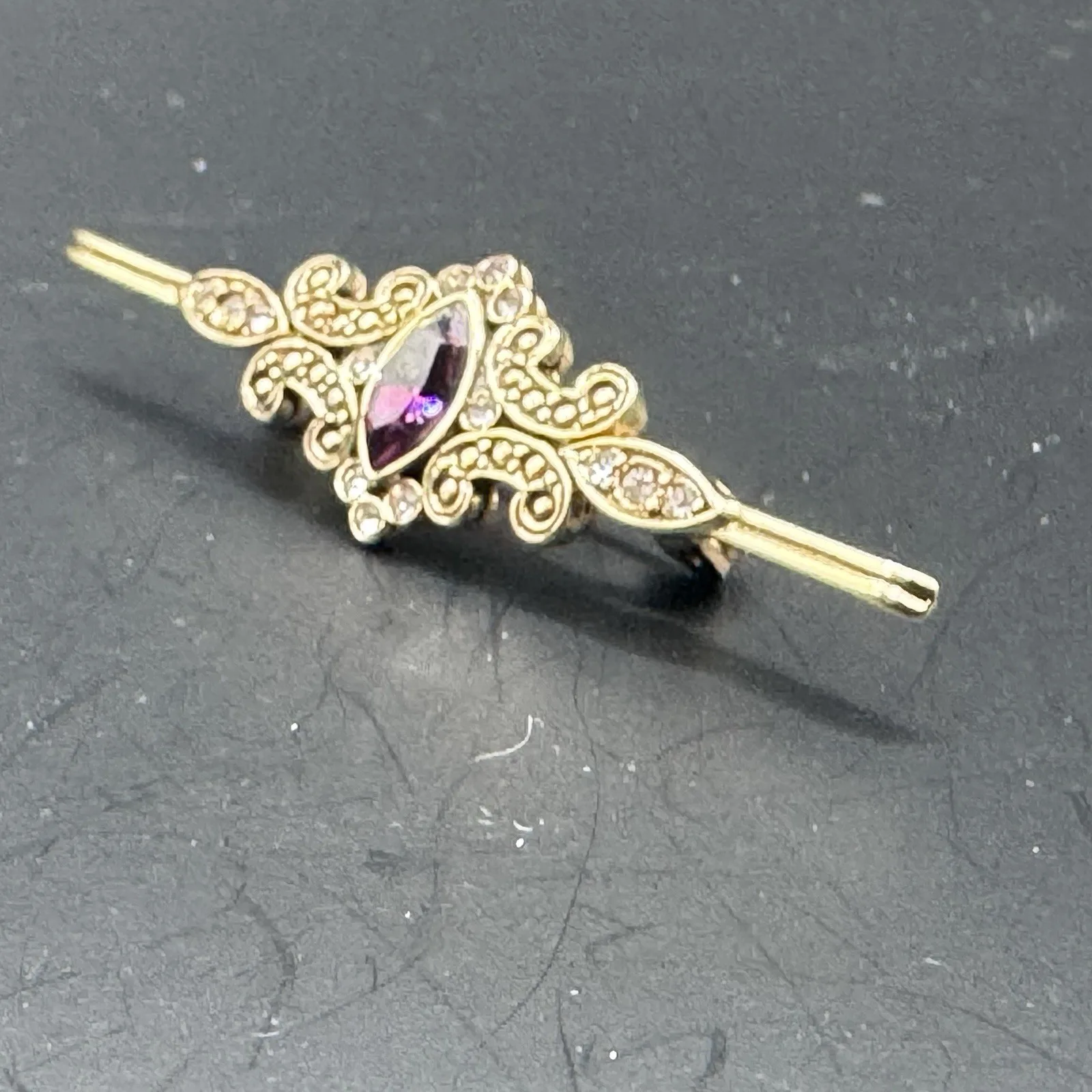 Victorian/Edwardian Reproduction Gold Tone Bar Pin w/ Amethyst C - photo 4