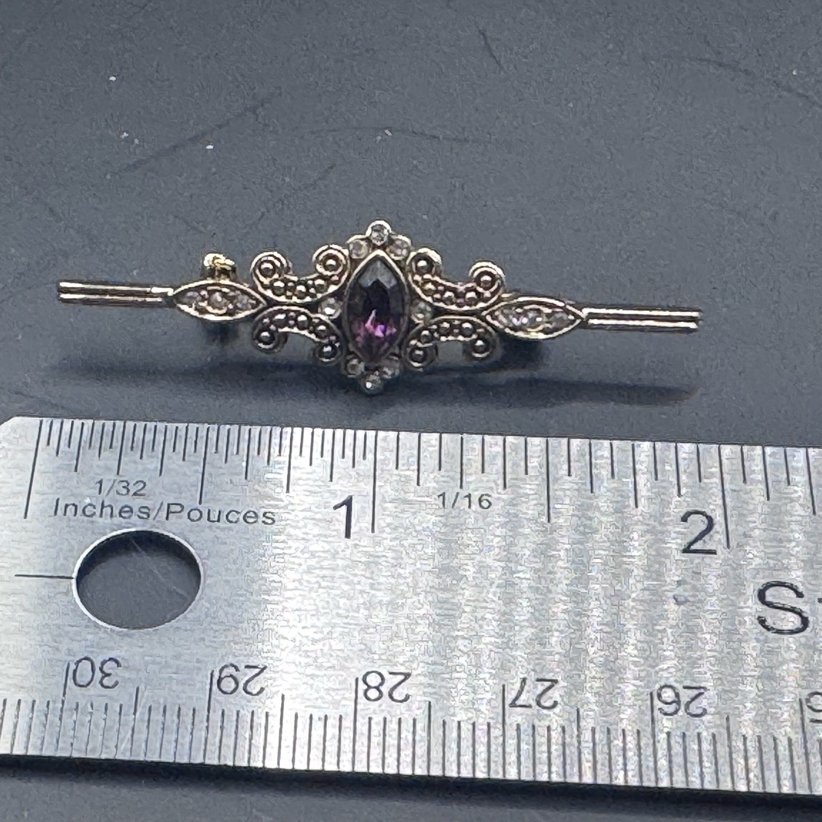 Victorian/Edwardian Reproduction Gold Tone Bar Pin w/ Amethyst C - photo 5
