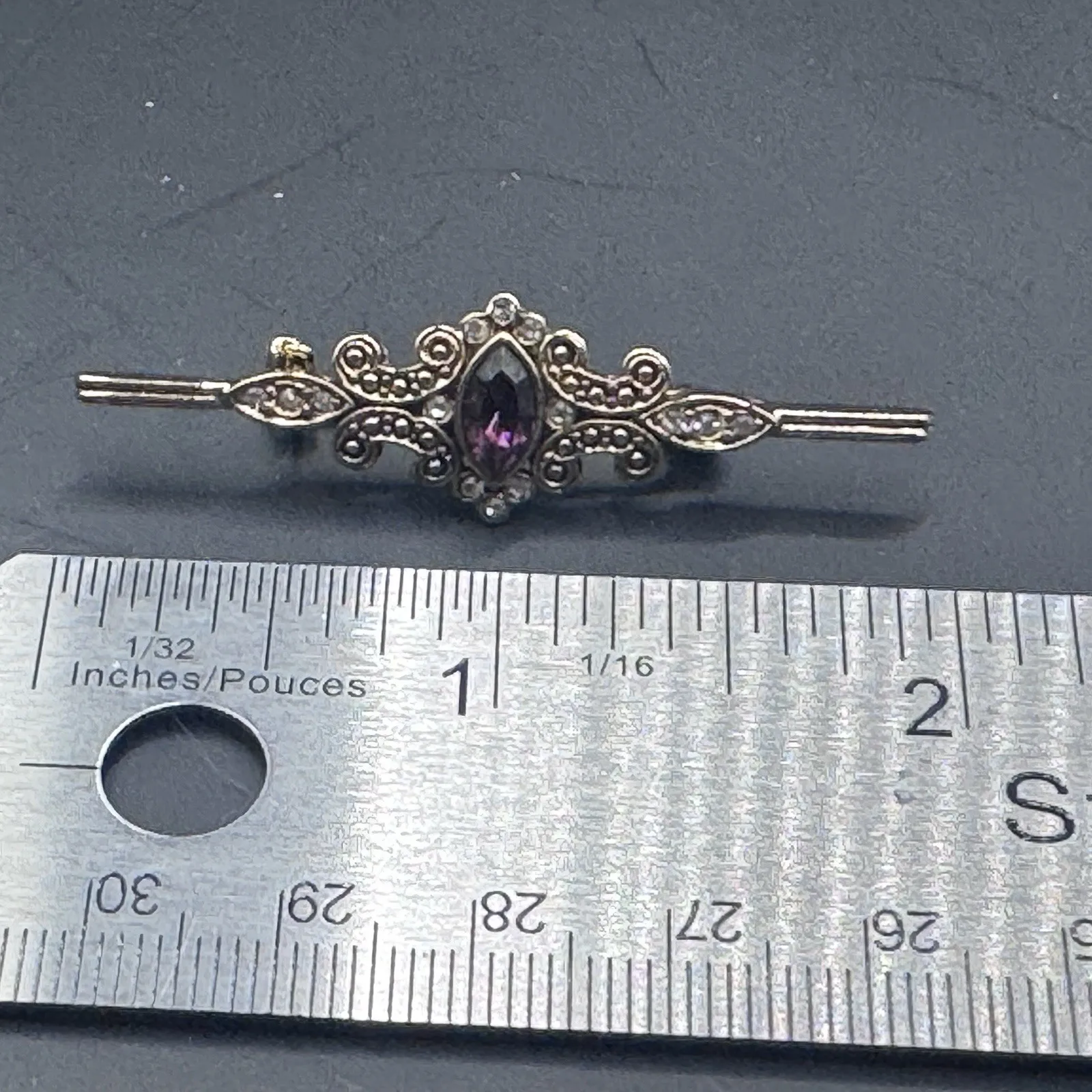 Victorian/Edwardian Reproduction Gold Tone Bar Pin w/ Amethyst C - photo 5
