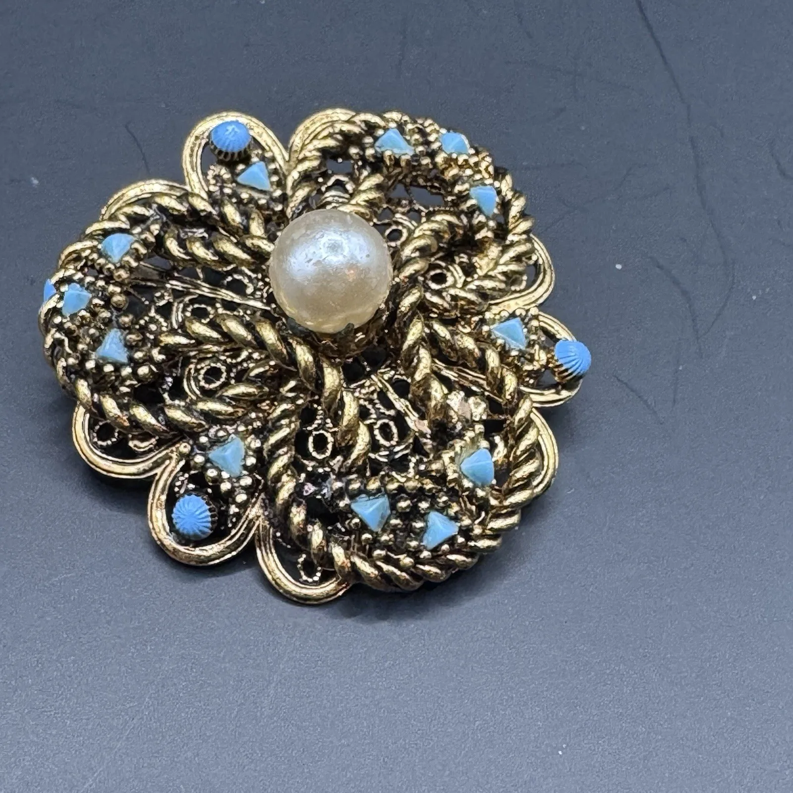 Vintage Brass and Faux Turquoise Brooch