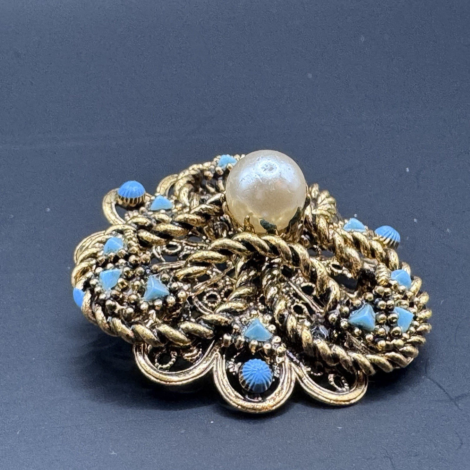 Vintage Brass and Faux Turquoise Brooch - photo 2