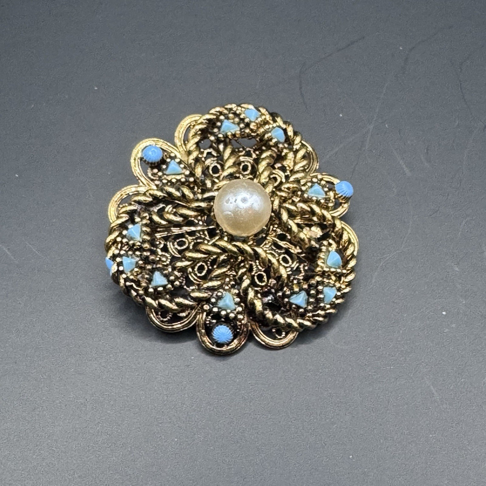 Vintage Brass and Faux Turquoise Brooch - photo 3
