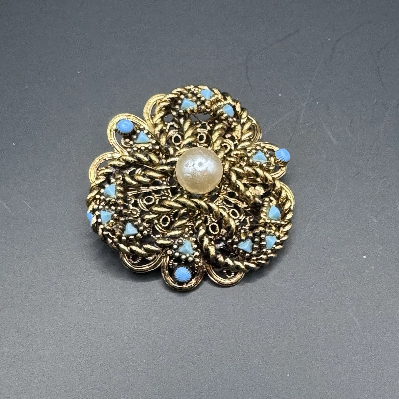Vintage Brass and Faux Turquoise Brooch - photo 3