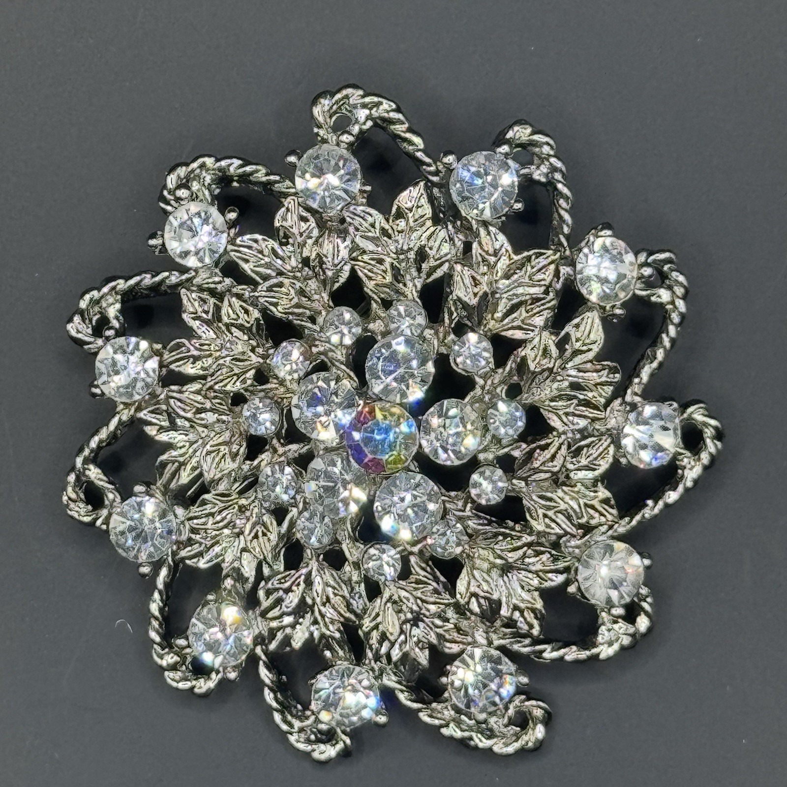 Vintage Silver Toned Rhinestone Floral Brooch