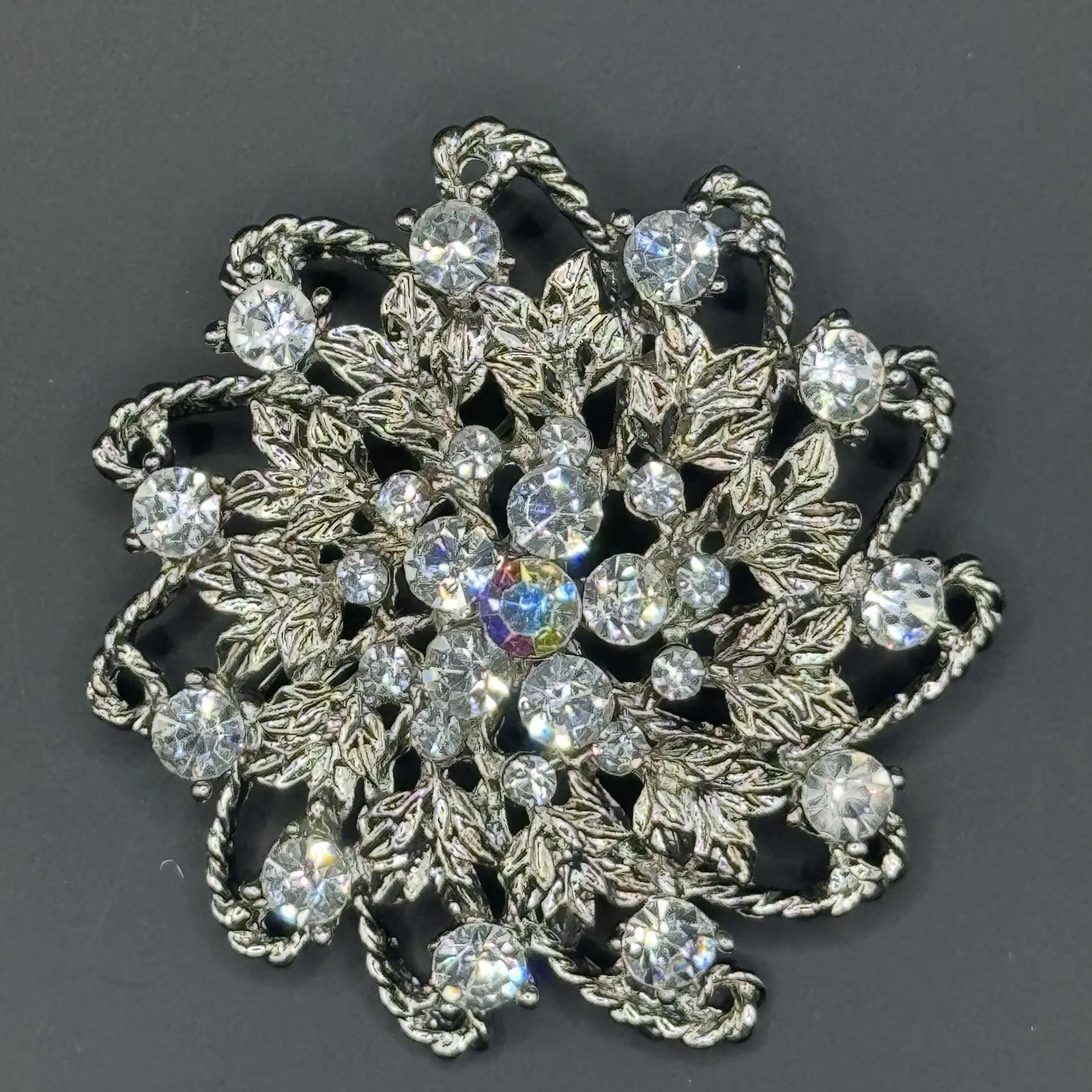 Vintage Silver Toned Rhinestone Floral Brooch