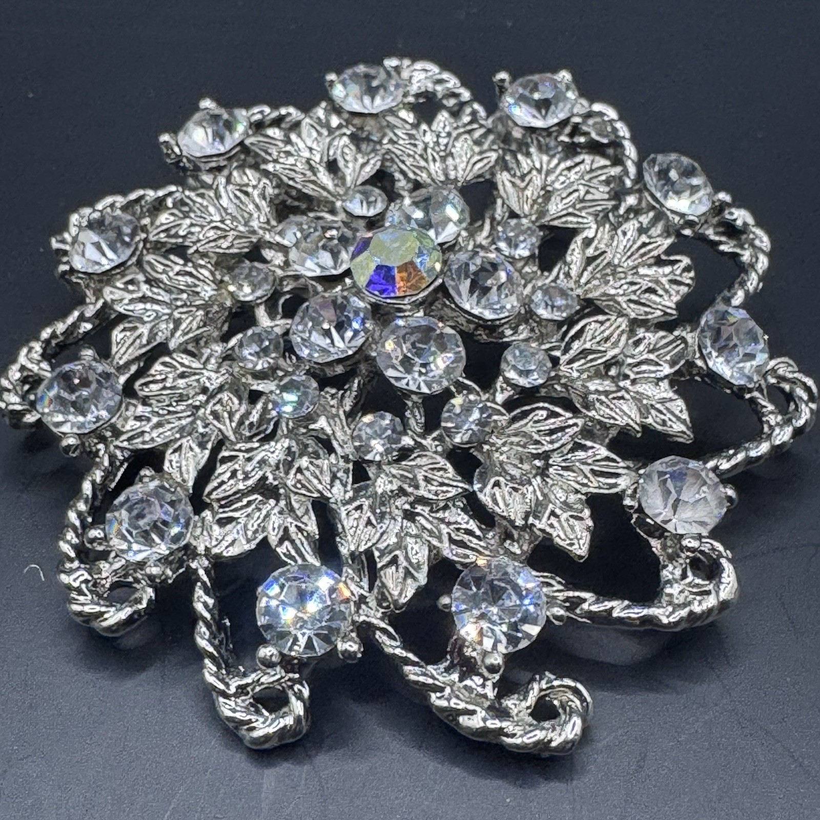 Vintage Silver Toned Rhinestone Floral Brooch - photo 2