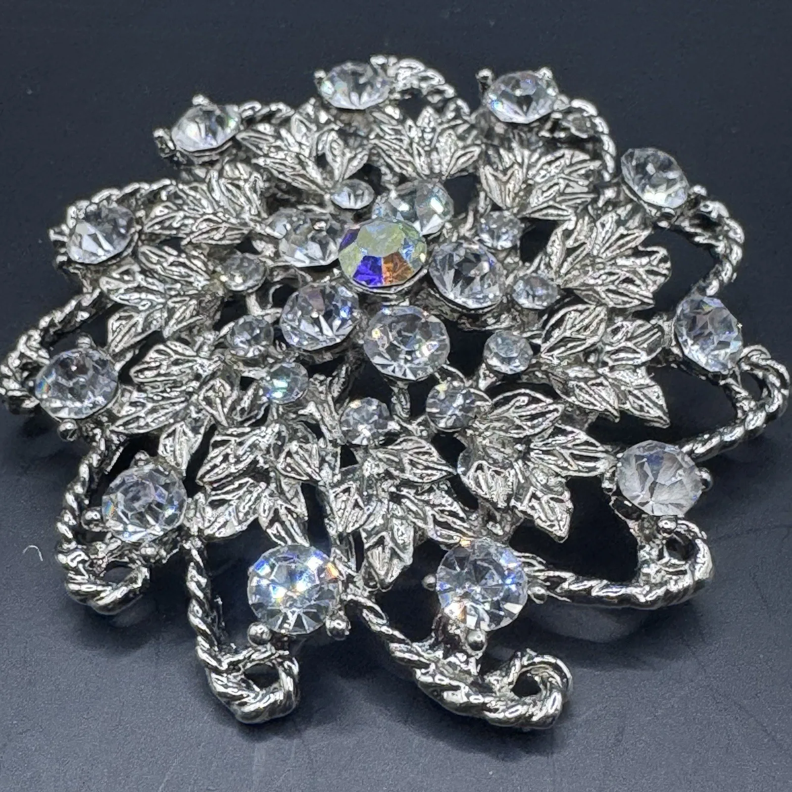 Vintage Silver Toned Rhinestone Floral Brooch - photo 2