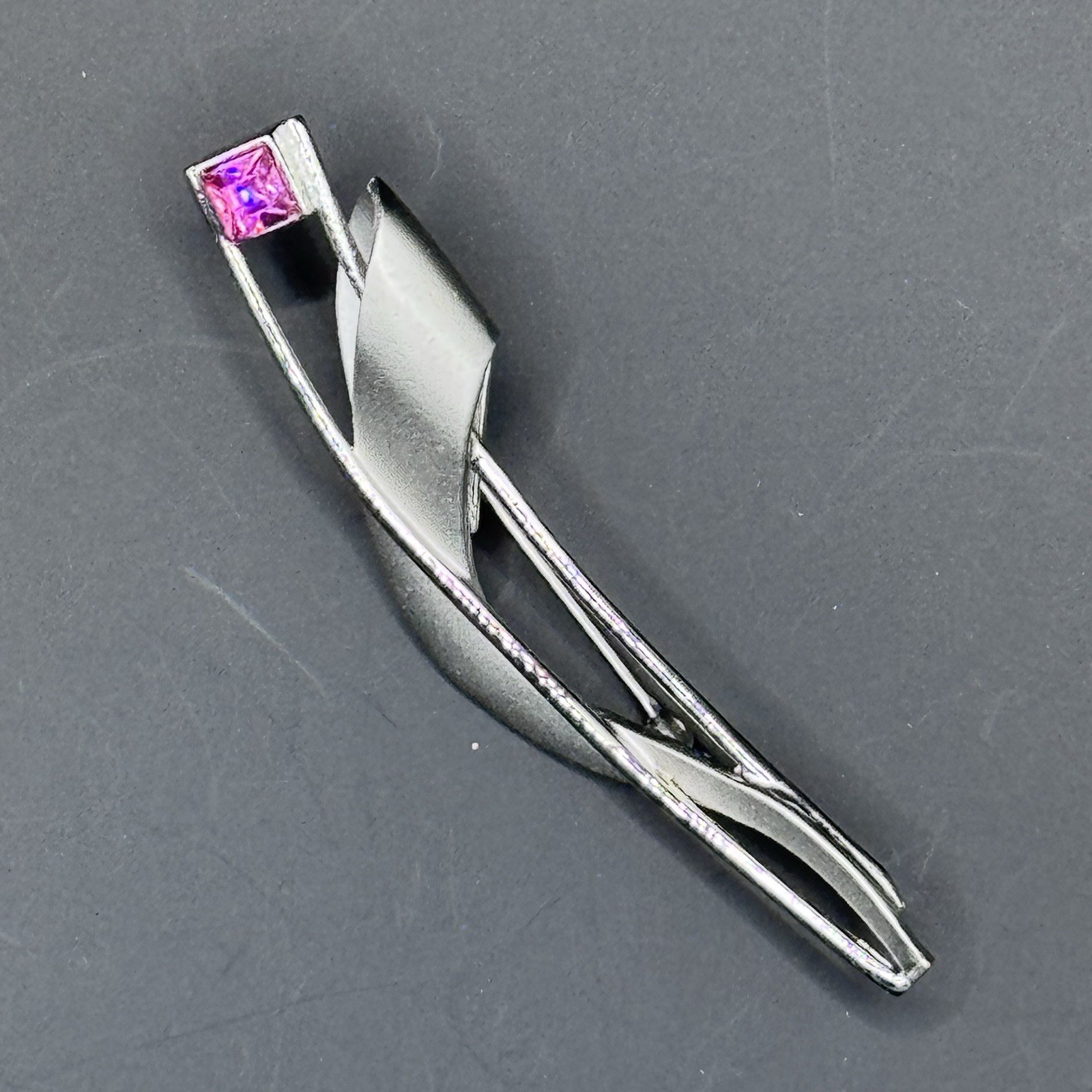 Signed Bond Boyd Sterling Silver Bar Pin with Pink Stone