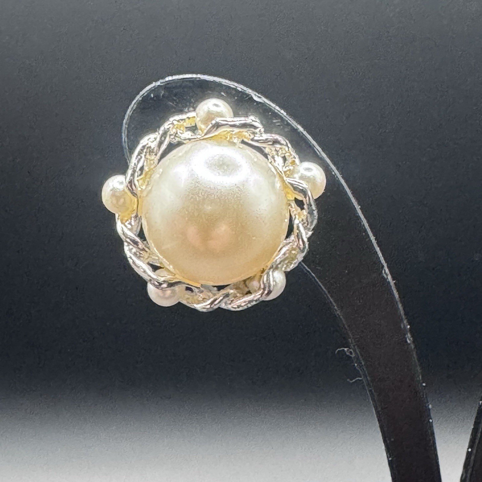 Small, round, faux pearl and silver toned clip on earrings - photo 2