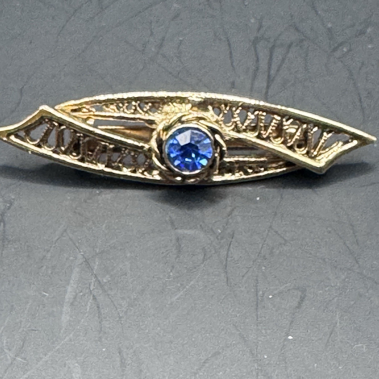 Victorian/Edwardian Reproduction Gold Tone Bar Pin w/ Blue Stone