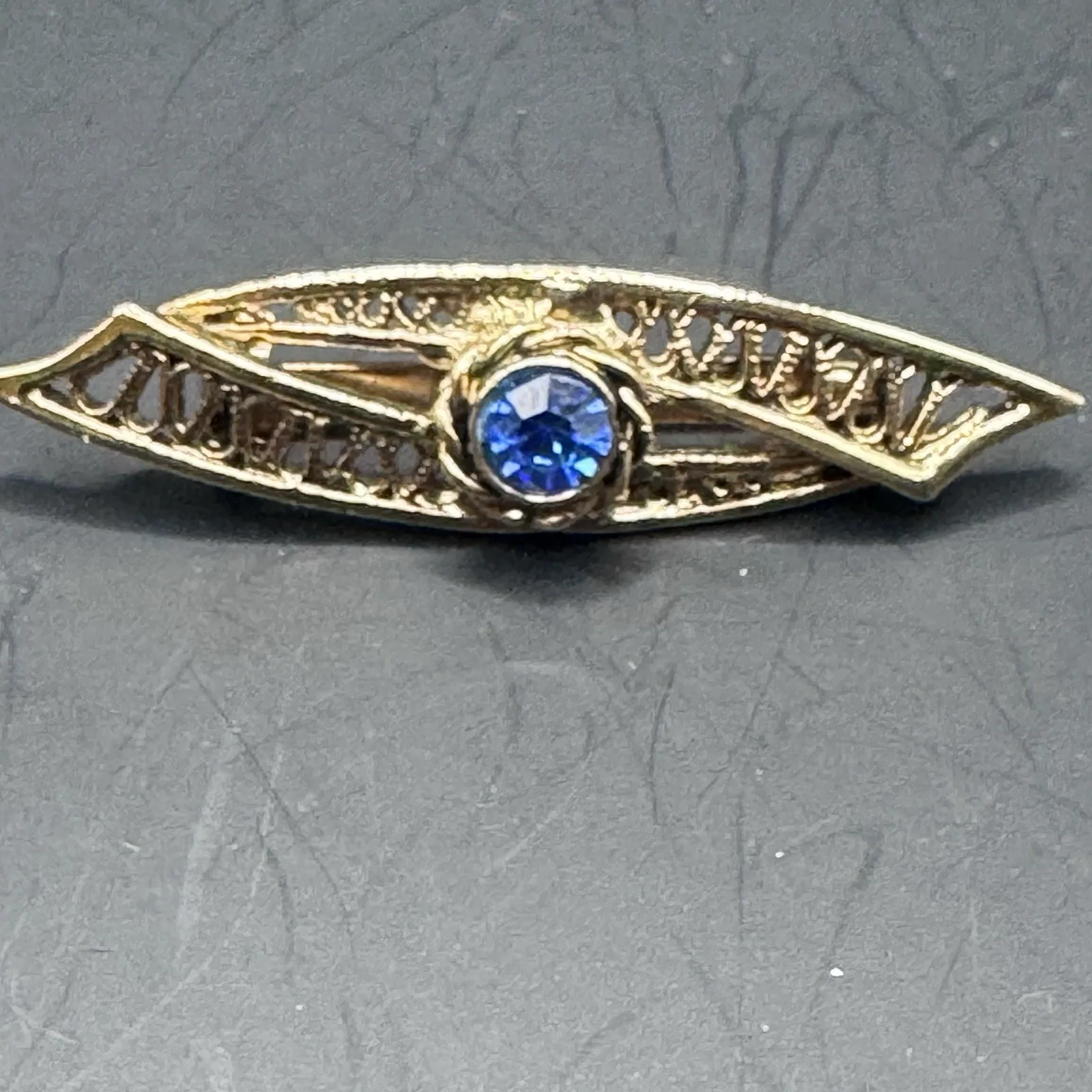 Victorian/Edwardian Reproduction Gold Tone Bar Pin w/ Blue Stone