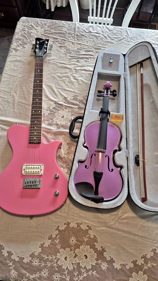 Pink Electric Guitar and Purple Violin for Sale