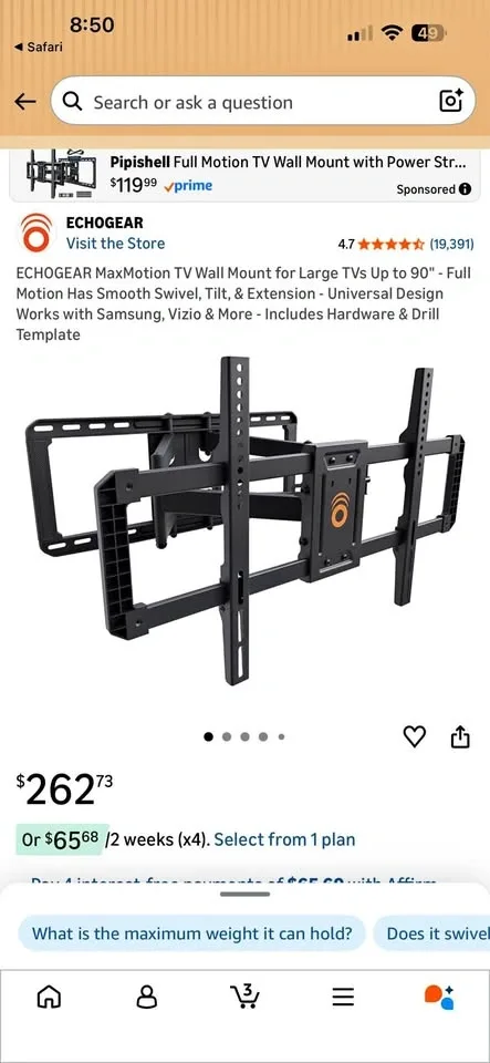 ECHOGEAR MaxMotion Full Motion TV Wall Mount up to 90in