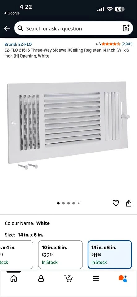 EZ-FLO 14x6 inch White Air Vent Register