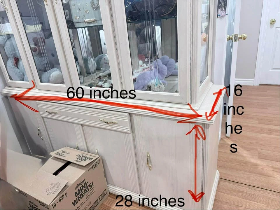 Cream Display Cabinet Hutch Glass Doors Storage - photo 3