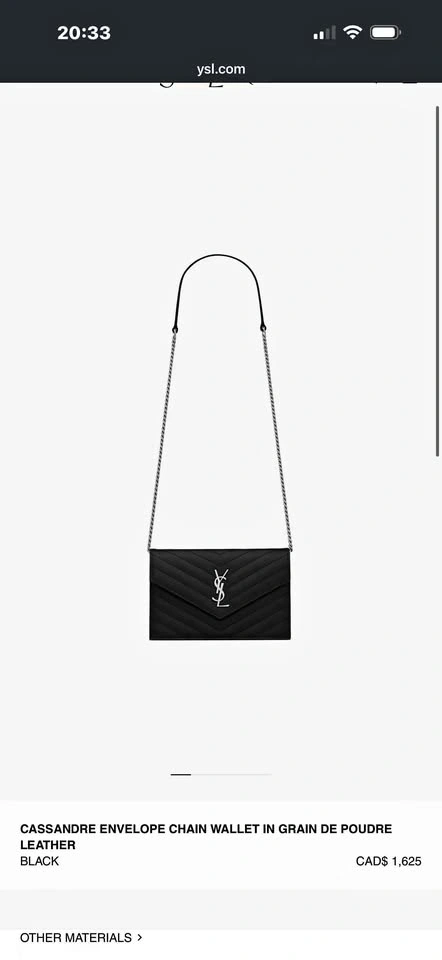 Saint Laurent Cassandre Envelope Chain Wallet Black Grain de Pou