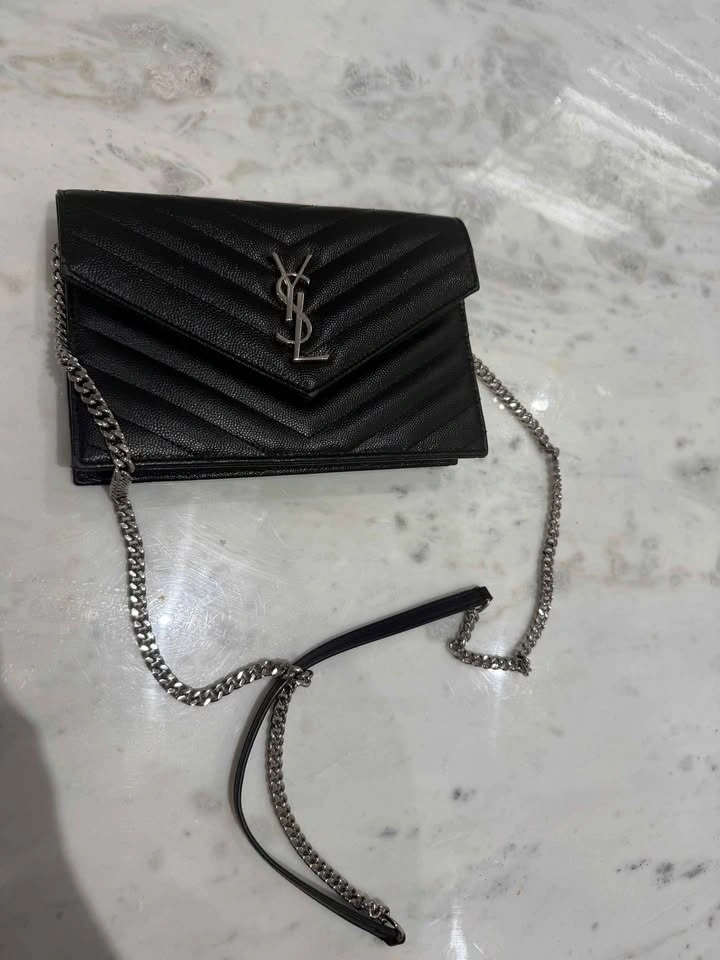 Saint Laurent Cassandre Envelope Chain Wallet Black Grain de Pou - photo 2