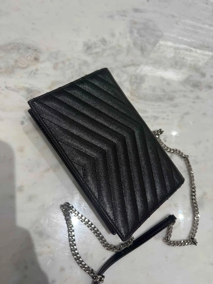 Saint Laurent Cassandre Envelope Chain Wallet Black Grain de Pou - photo 3