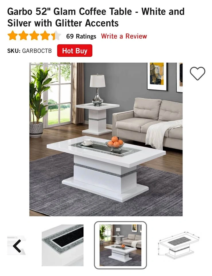 Sparkly 52" Coffee Table - White and Silver