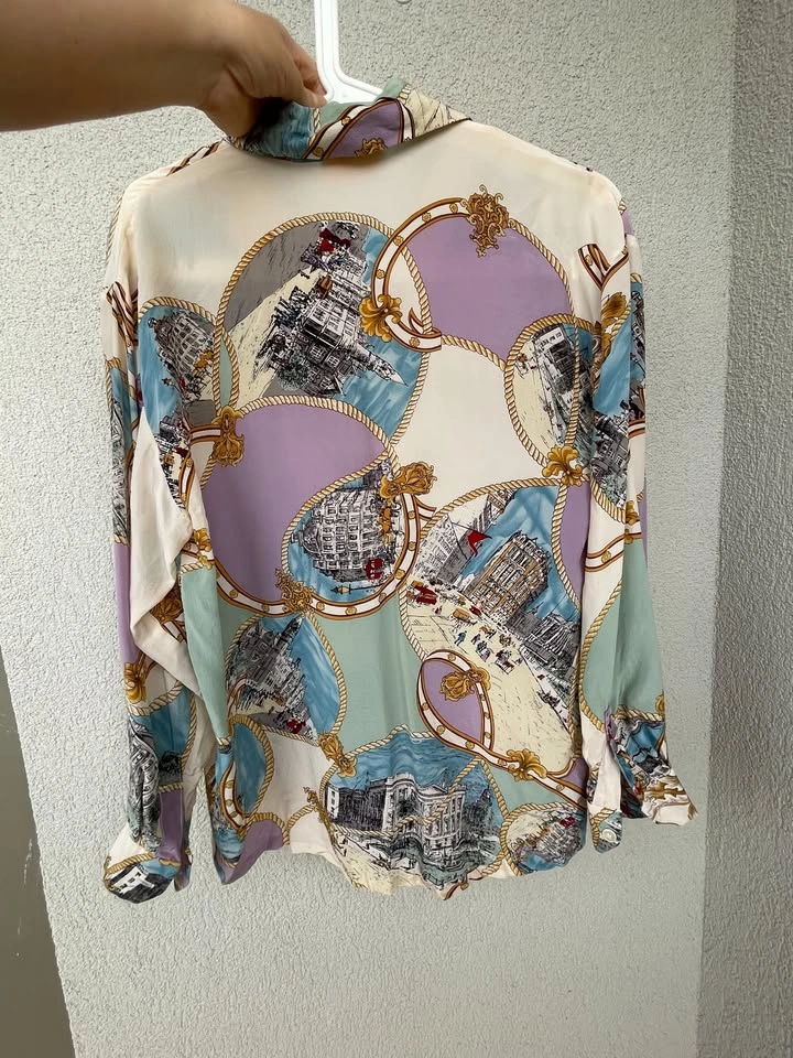 Size M/L, Vintage 100% Silk Blouse Paris Print Button Up - photo 5