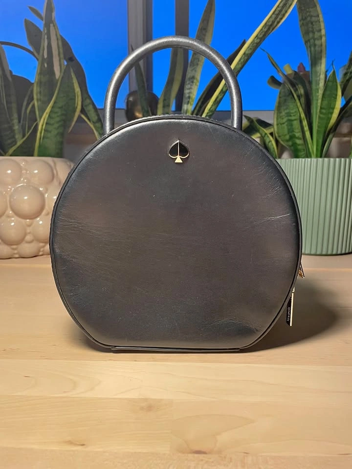 Kate Spade Round Bag, Black Leather, Mini Crossbody Circle Purse