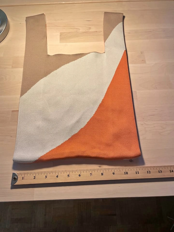 Knit Tote Bag Beige Cream Orange Abstract Reusable Shopper