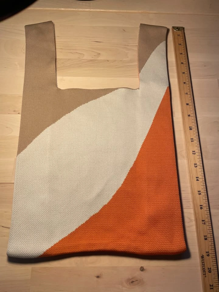 Knit Tote Bag Beige Cream Orange Abstract Reusable Shopper - photo 2