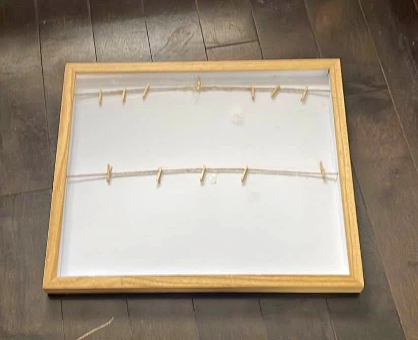 Wood photo display frame with twine and clips