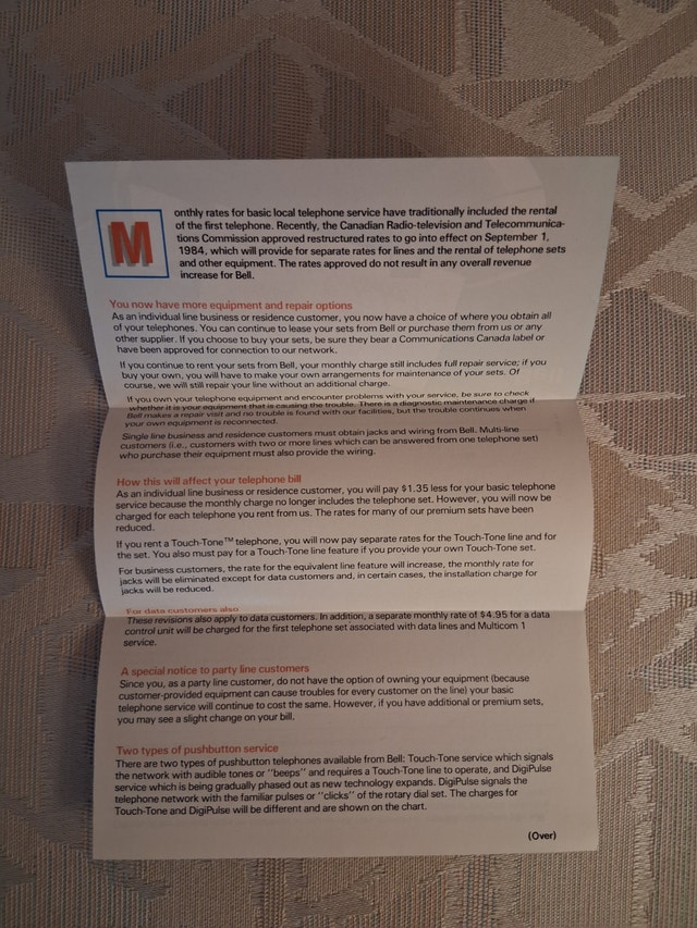 1984 Bell Canada Ephemera - Telephone Service & Rates Update