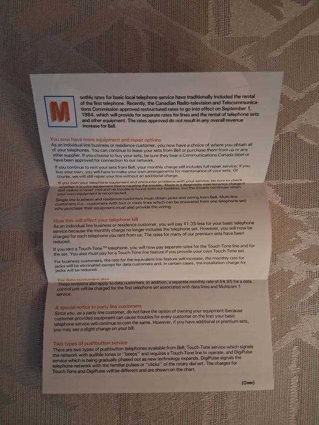 1984 Bell Canada Ephemera - Telephone Service & Rates Update