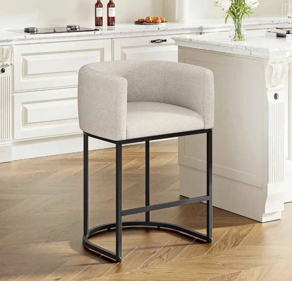 Beige Upholstered Bar Stool w/ Black Metal Frame
