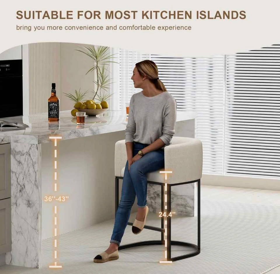 Beige Upholstered Bar Stool w/ Black Metal Frame - photo 4