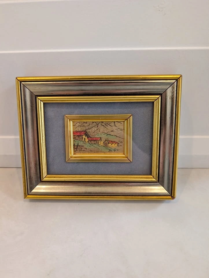 Vintage Italian Miniature: Alpine Village on Gold Foil