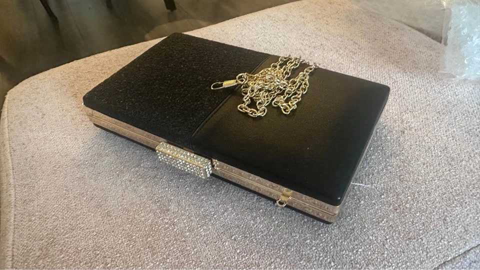 Black Clutch Bag with Rhinestone Clasp and Chain Strap