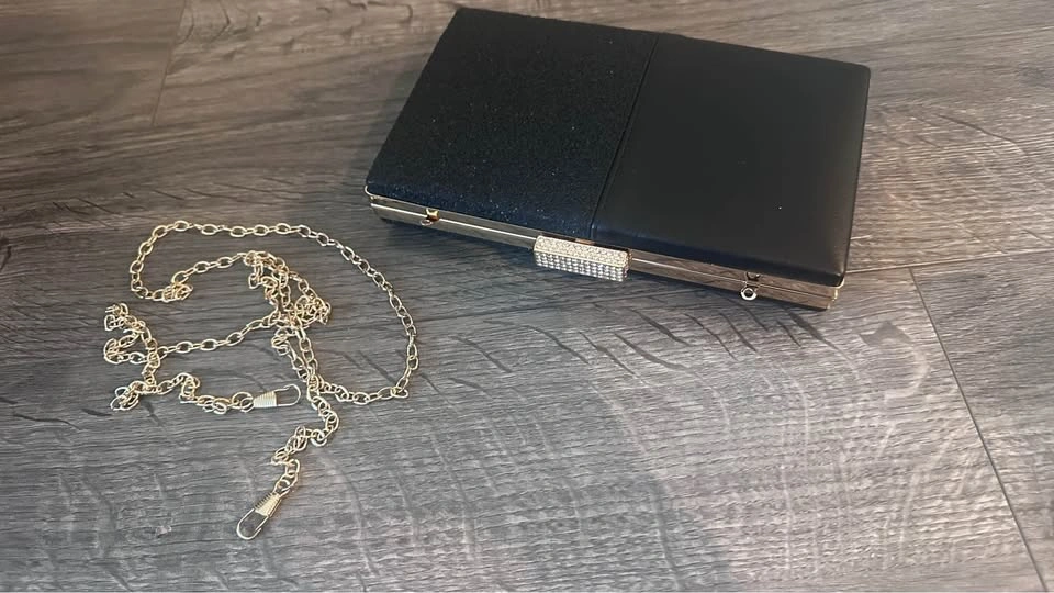 Black Clutch Bag with Rhinestone Clasp and Chain Strap - photo 2