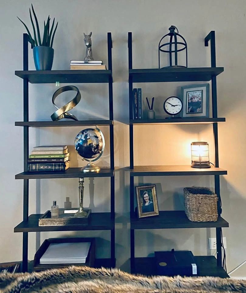 Modern Dark Wood & Black Metal Ladder Bookshelves (Set of 2)