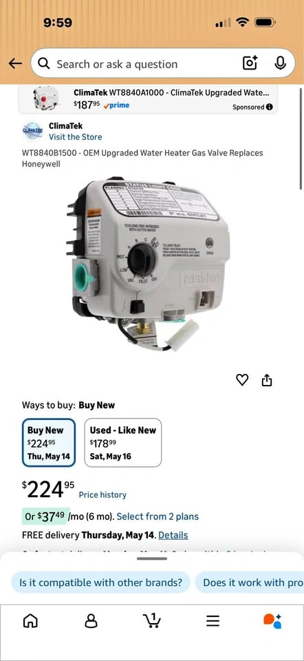 Honeywell WT8840B1500 Water Heater Control
