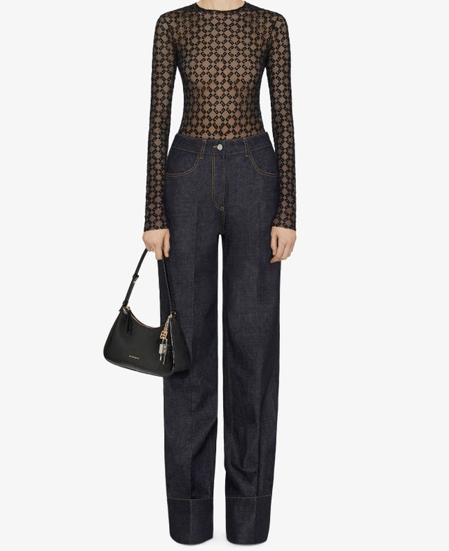 GIVENCHY BODYSUIT MONOGRAMMED SHEER LONG SLEEVE BLACK