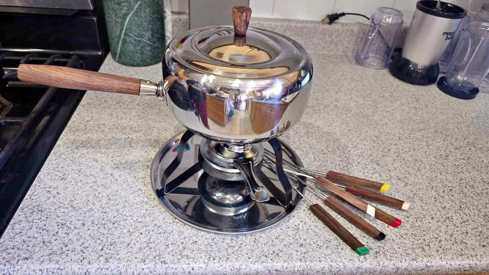 Vintage Stainless Steel Fondue Set with Wood Handles