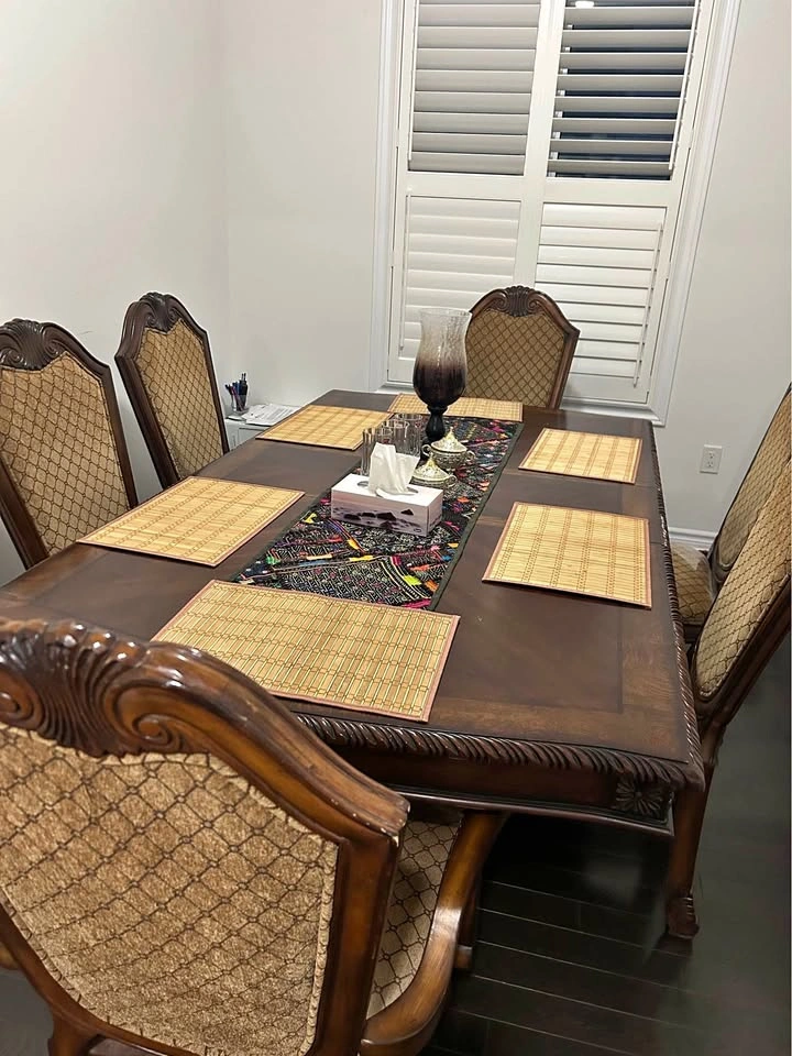 Ornate wooden dining table set 6 chairs and buffet hutch