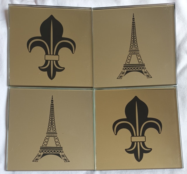 4 Glass Mirror Coasters Wood Holder, Eiffel Tower & Fleur de Lis - photo 2
