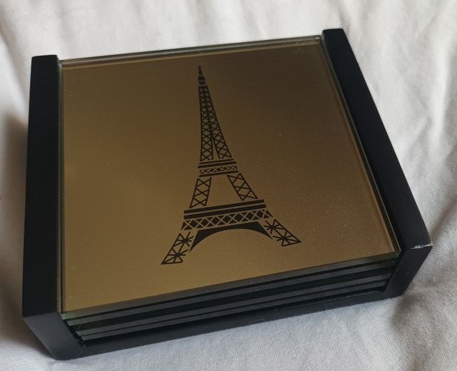 4 Glass Mirror Coasters Wood Holder, Eiffel Tower & Fleur de Lis - photo 3
