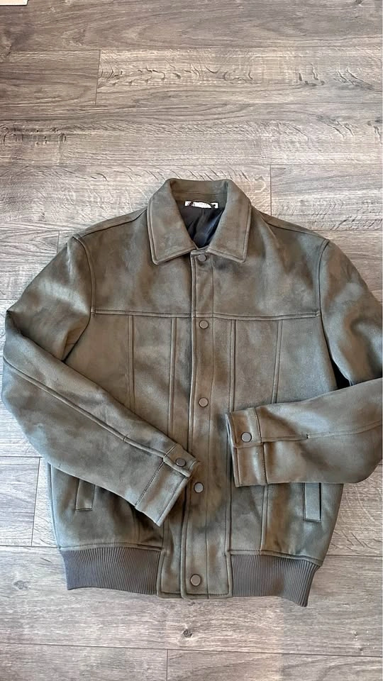 Zara Men's Olive Green Suede-Like Bomber Jacket