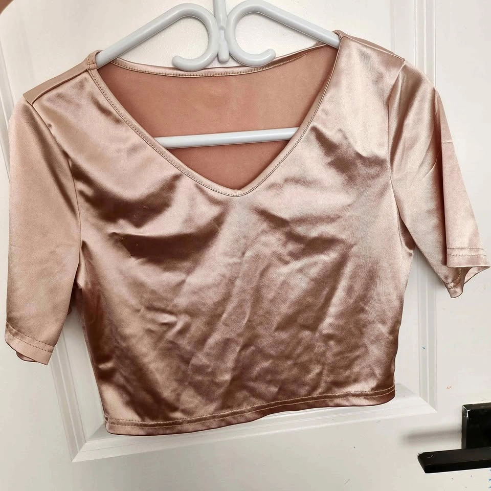 Light Brown Silky V-neck Crop Top