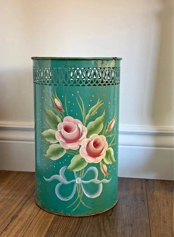 Vintage Hand-Painted Floral Metal Wastebasket