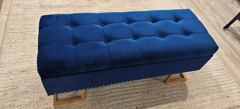 Blue Velvet Tufted Storage Ottoman Bench Gold Base