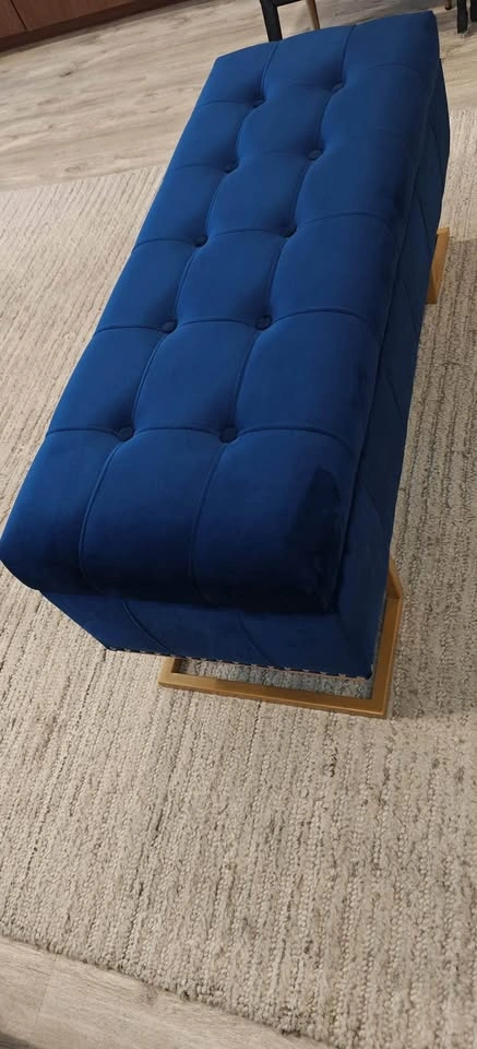 Blue Velvet Tufted Storage Ottoman Bench Gold Base - photo 2
